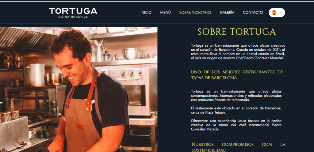 Captura de pantalla de la página web de Tortuga Restaurante como ejemplo de MVP